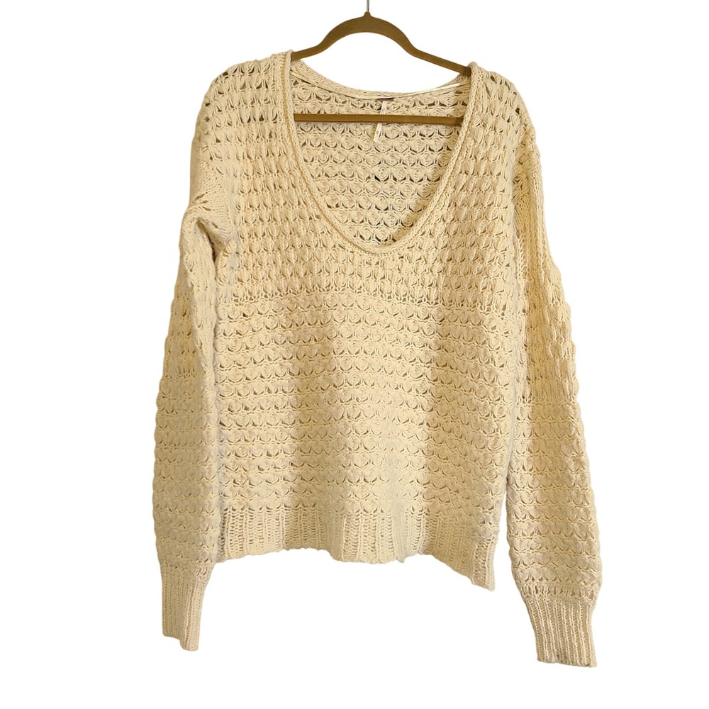 Free People Knit Sweater Women XS Ivory Chunky V-Neck Popcorn Wool Oversize Boho